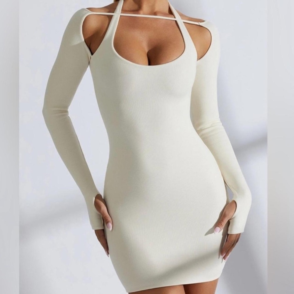 Oh Polly Cream Ribbed Long Sleeve Halter Bodycon Dress